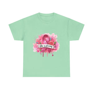 Unisex Heavy Cotton Tee - "She is Strong" Breast Cancer Awareness Shirt, Inspirational Tee, Gift for Her, Supportive Apparel, [...]