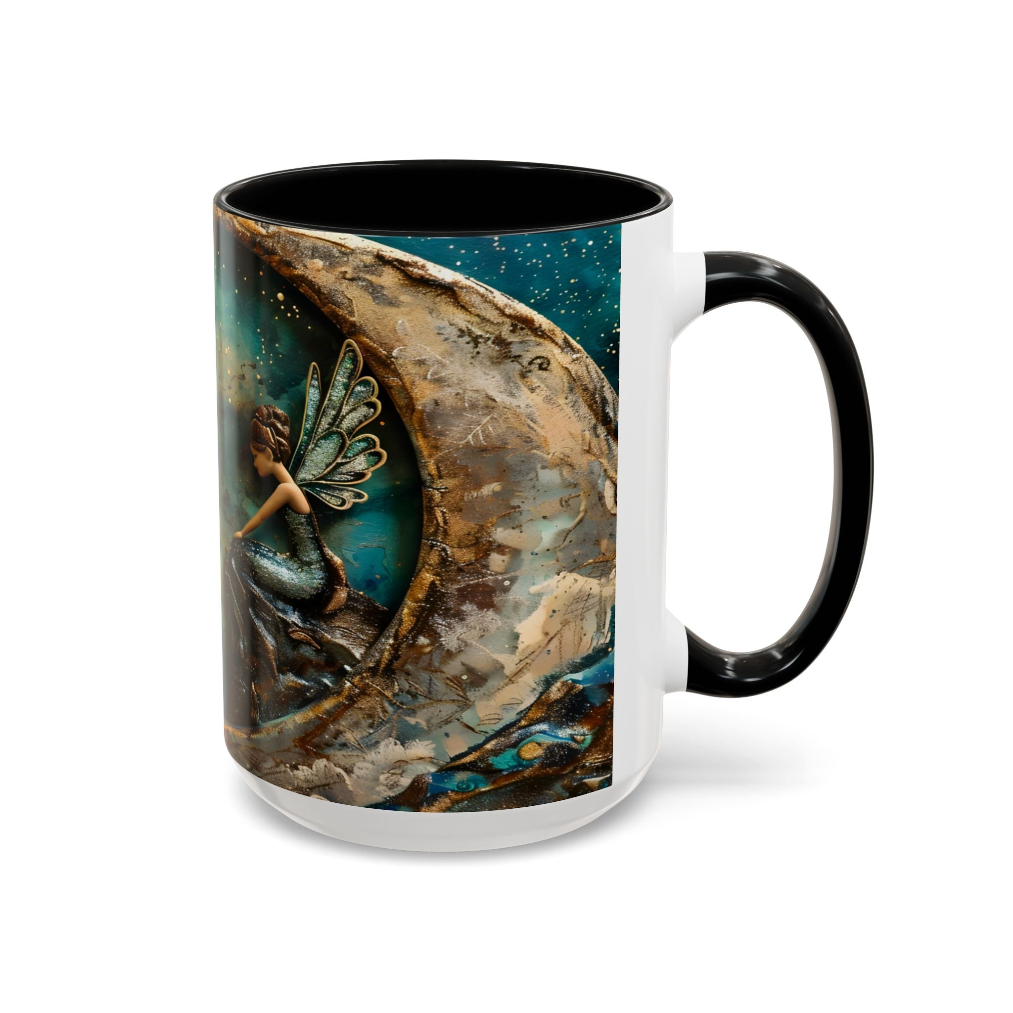 Fairy on the Moon Accent Coffee Mug – Mystical Teal Celestial Ceramic Mug (11/15oz) fantasy
