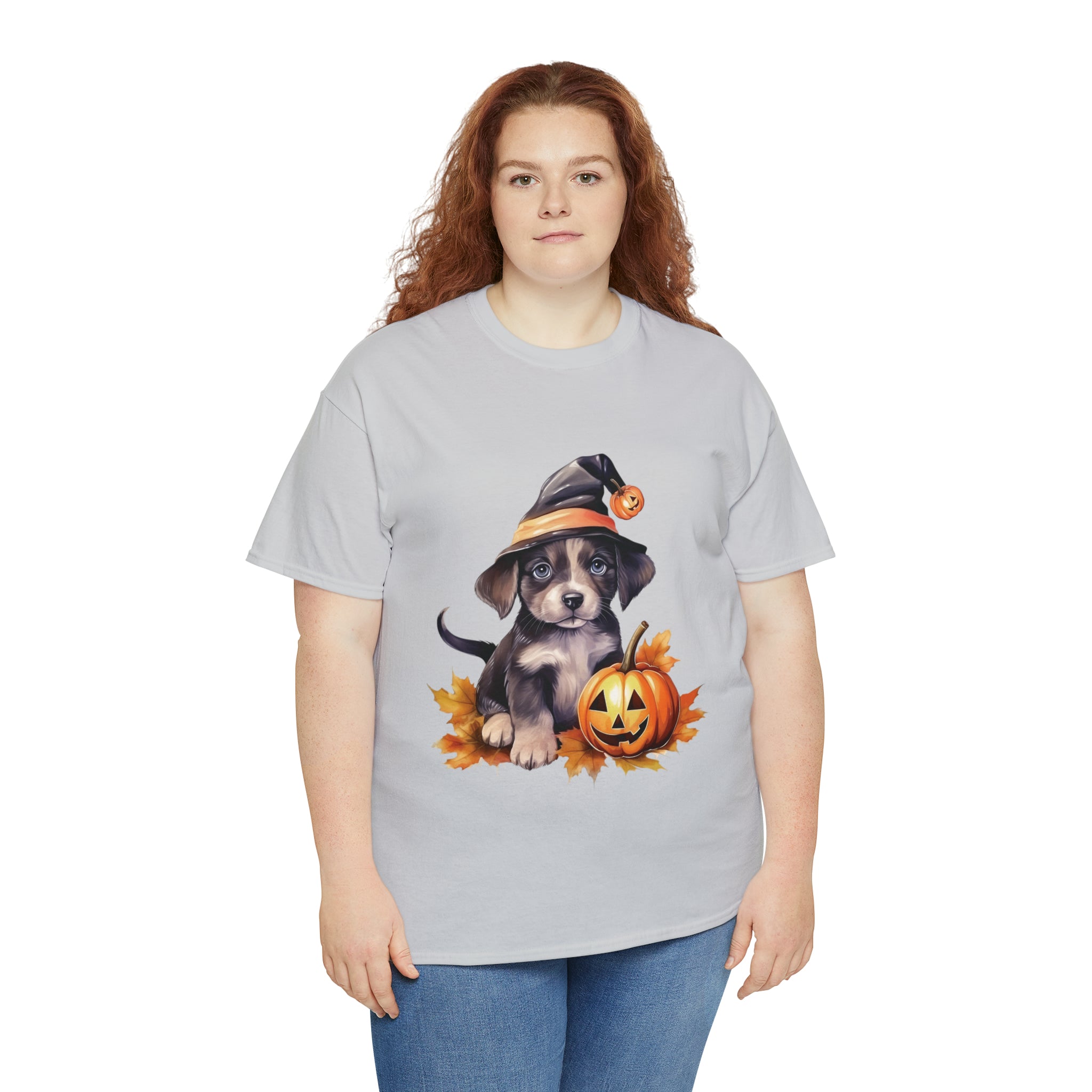 halloween t shirt puppy in witch hat cute gift for her stocking stuffer fall fun item for whole family Unisex Heavy Cotton Tee