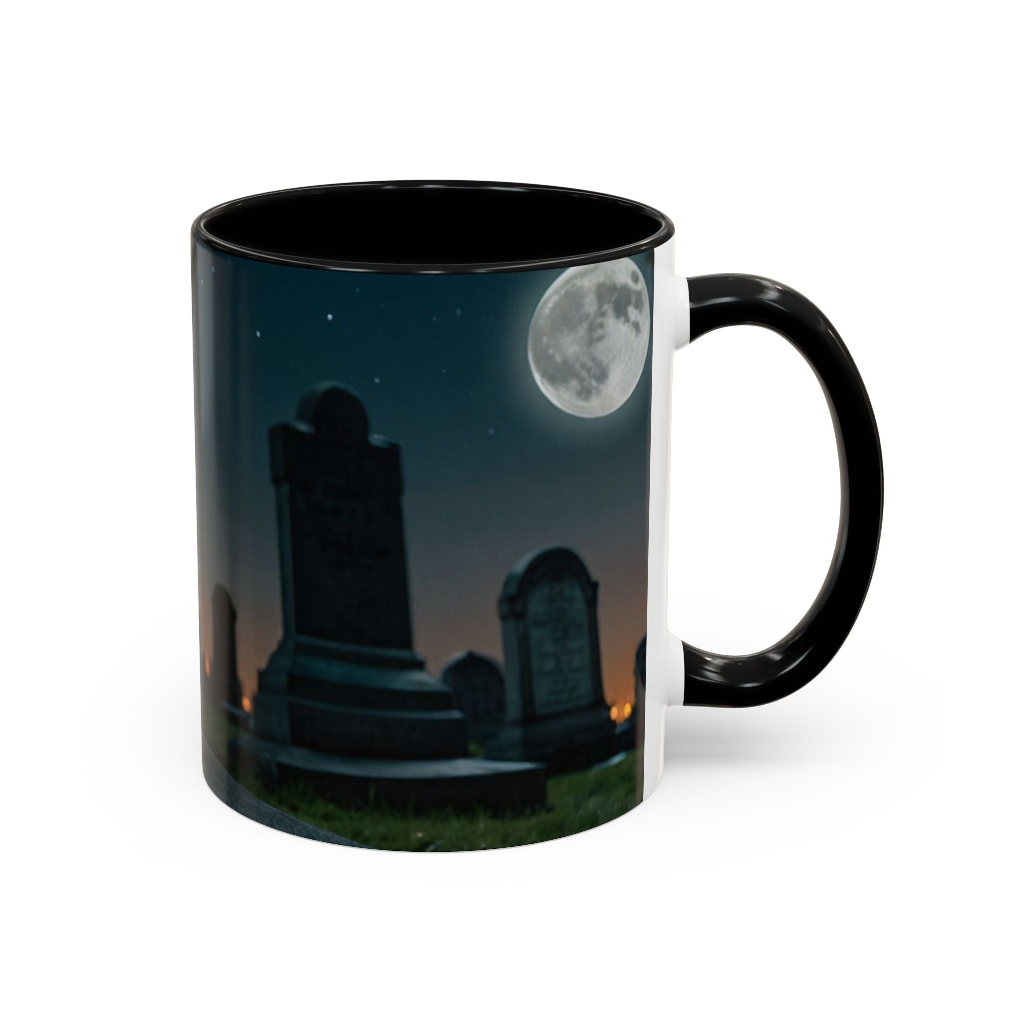 Spooky Black Cat Accent Coffee Mug in graveyard at night with full moon halloween
