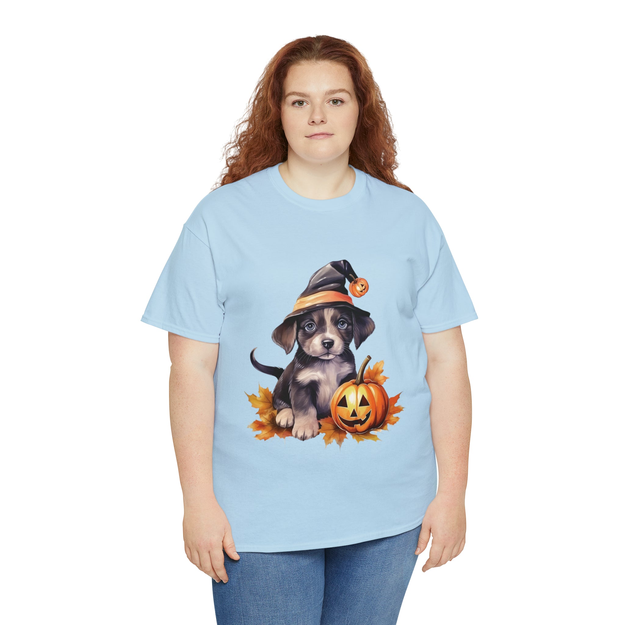 halloween t shirt puppy in witch hat cute gift for her stocking stuffer fall fun item for whole family Unisex Heavy Cotton Tee