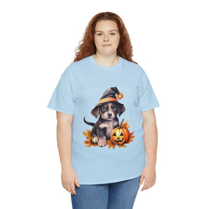 halloween t shirt puppy in witch hat cute gift for her stocking stuffer fall fun item for whole family Unisex Heavy Cotton Tee