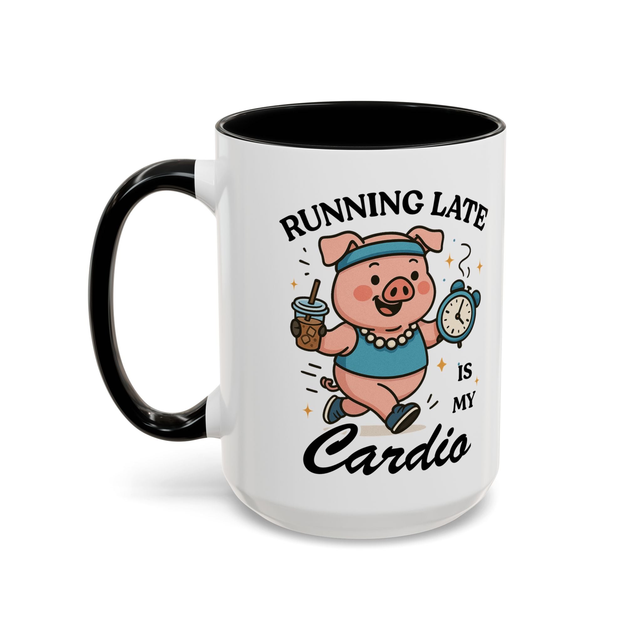 Running Late Is My Cardio Coffee Mug — Funny Pig Jogger Accent Mug (11/15oz)