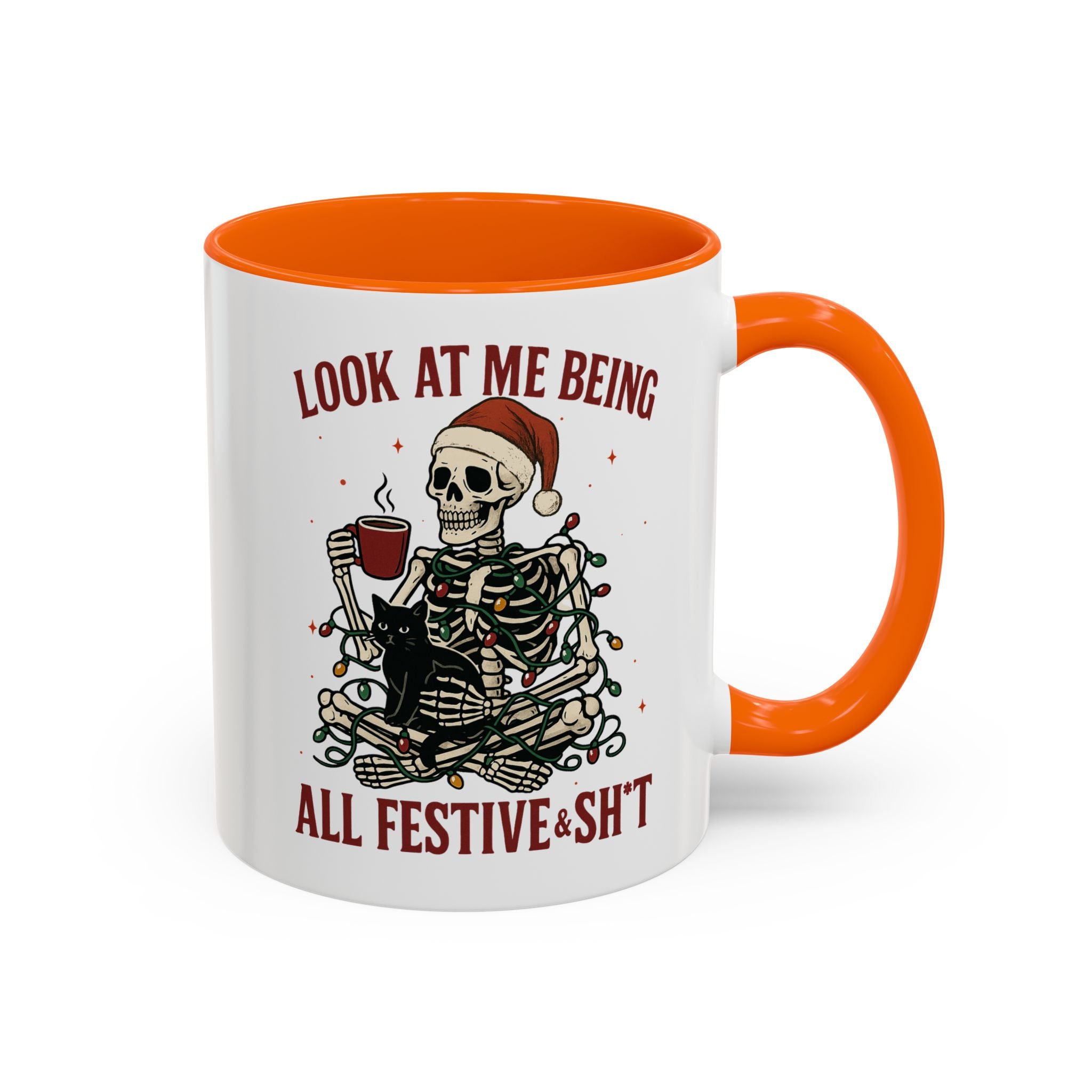 Festive Skeleton Coffee Mug, Unique Holiday Gift, Halloween Decor, Cat Lover's Mug, Funny Gift for Friends