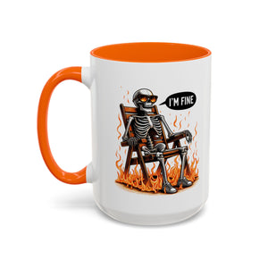 Funny I'M fine  Skeleton on fire Coffee Mug - Humor Gift for Halloween, Coffee Lovers,  Decor, Gag Gift, 11-15oz Accent Mug