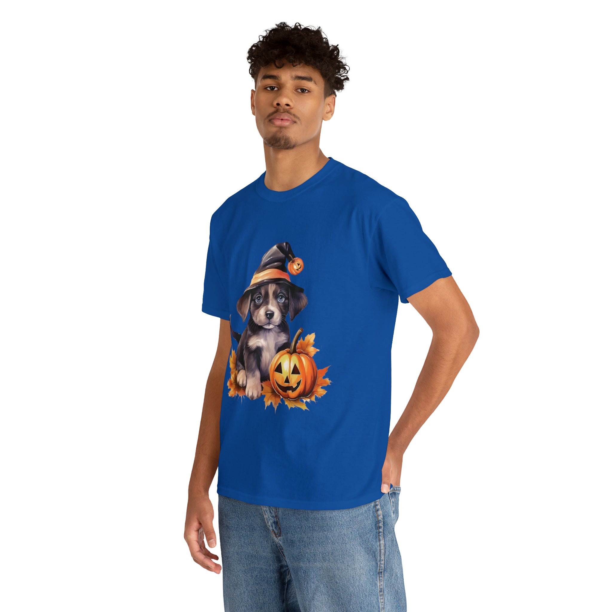 halloween t shirt puppy in witch hat cute gift for her stocking stuffer fall fun item for whole family Unisex Heavy Cotton Tee