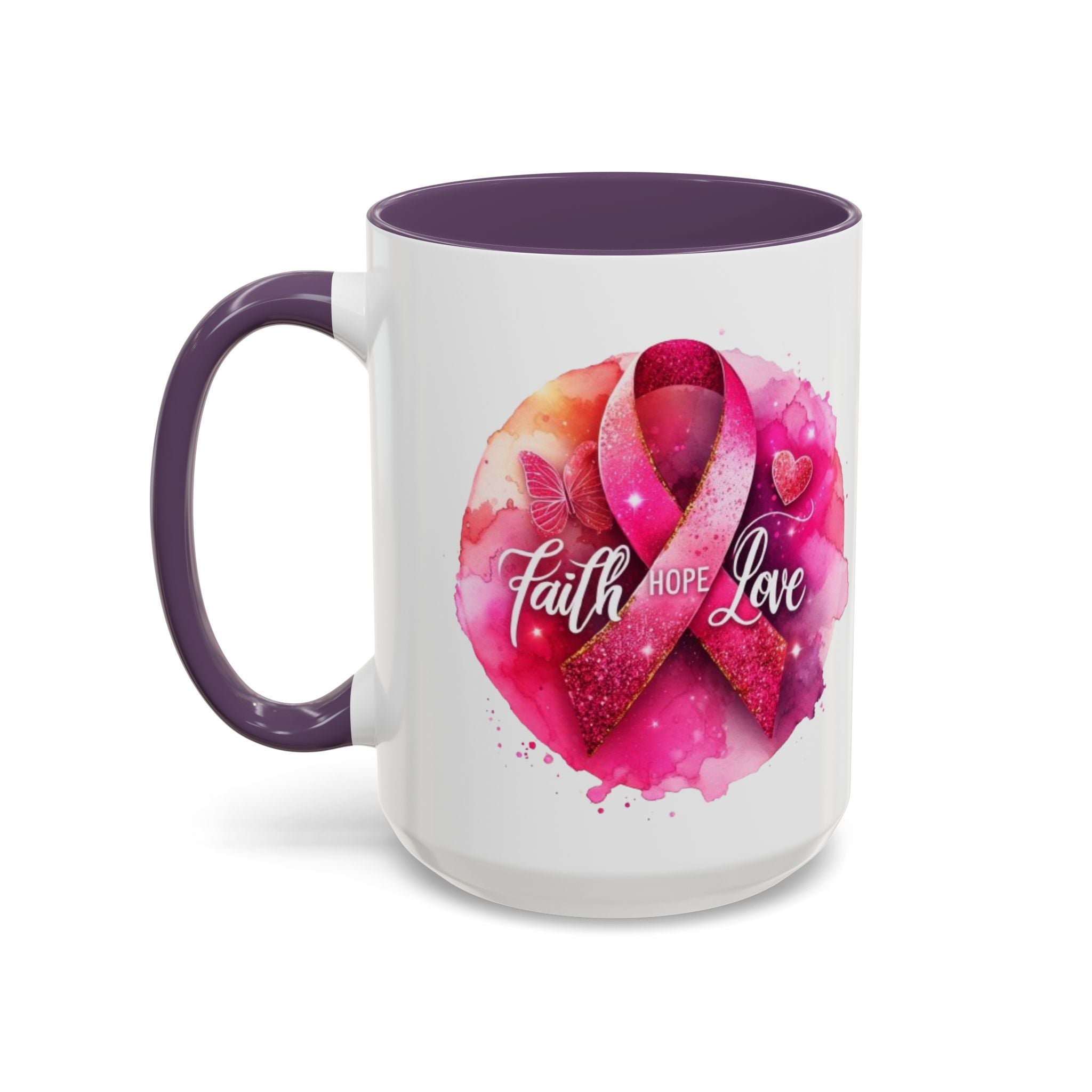 Inspirational Accent Coffee Mug with Pink Ribbon Design, Faith Hope Love Gift, Cancer Awareness Mug, Supportive Drinkware, Meaningful [...]