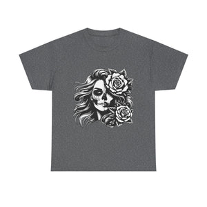 Skull & Rose Unisex Heavy Cotton Tee - Edgy Floral Graphic T-Shirt