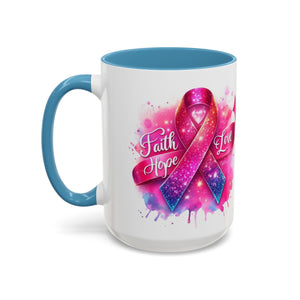 Inspirational Ribbon Coffee Mug - Faith, Hope, Love, Support, Gift for Cancer Awareness, Breast Cancer, Encouragement, Motivational