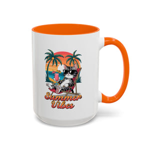 Summer Vibes Coffee Mug, Tropical Cat Mug, Beach Lover Gift, Fun Animal Sipware, Vacation-themed Drinkware, Pet Lover Cup