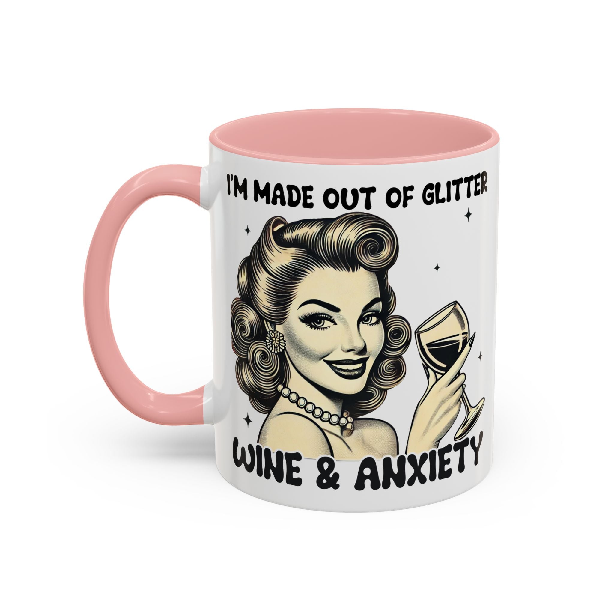 Wine & Anxiety Coffee Mug — "I'm Made Out of Glitter, Wine & Anxiety" Retro Accent Mug