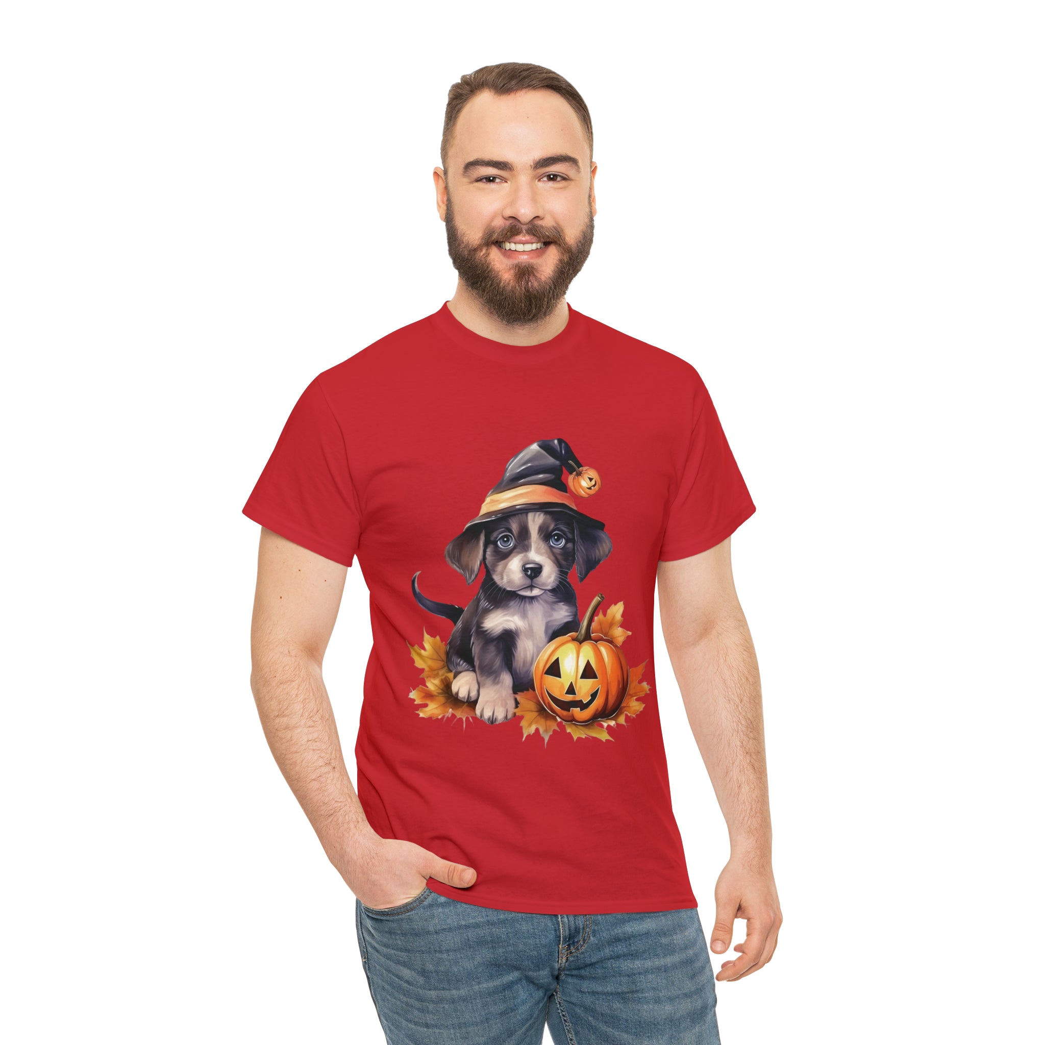 halloween t shirt puppy in witch hat cute gift for her stocking stuffer fall fun item for whole family Unisex Heavy Cotton Tee