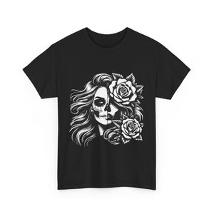 Skull & Rose Unisex Heavy Cotton Tee - Edgy Floral Graphic T-Shirt
