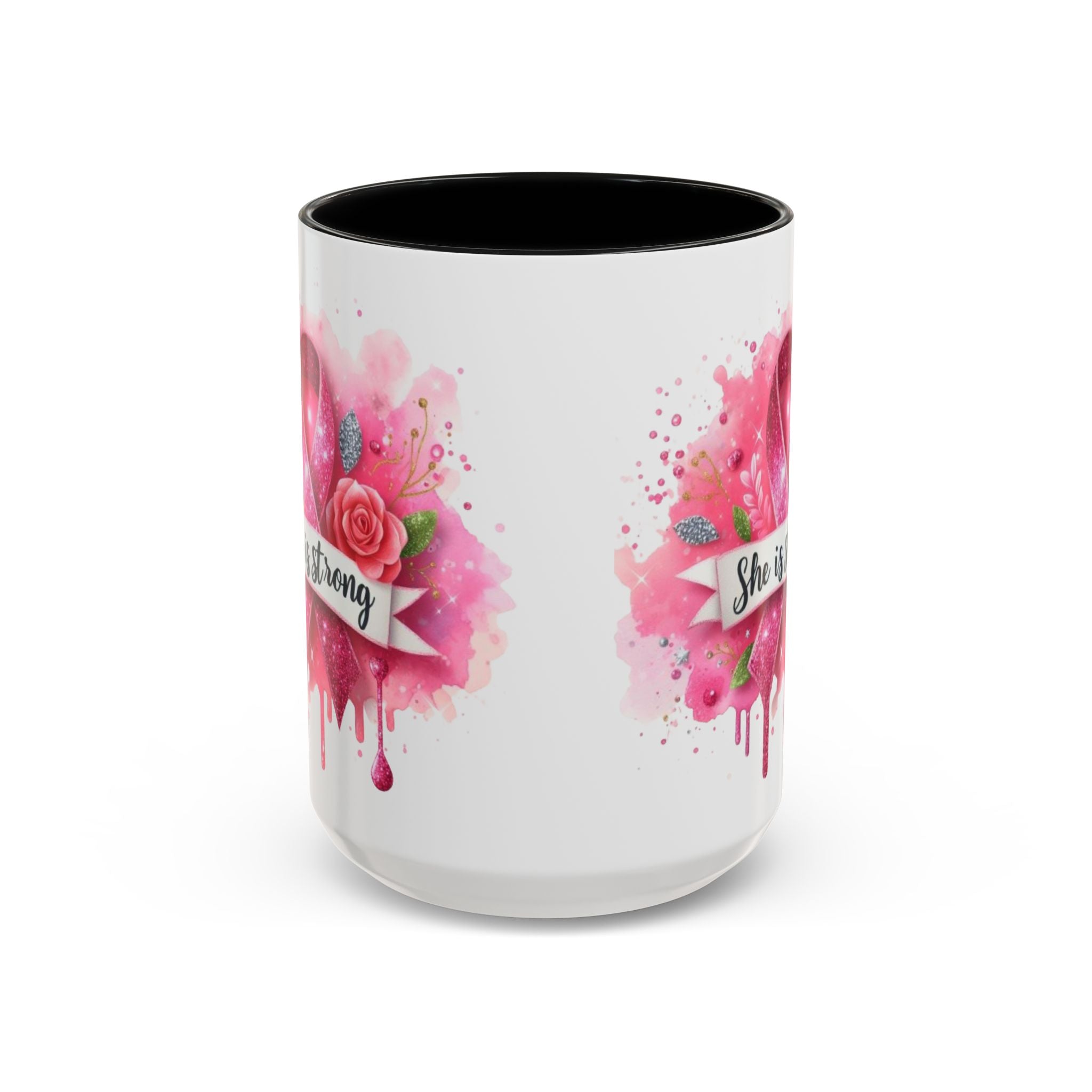 Empowering Pink Ribbon Coffee Mug - She Is Strong, Inspirational Gift for Breast Cancer Awareness, Motivational Drinkware, Supportive [...]