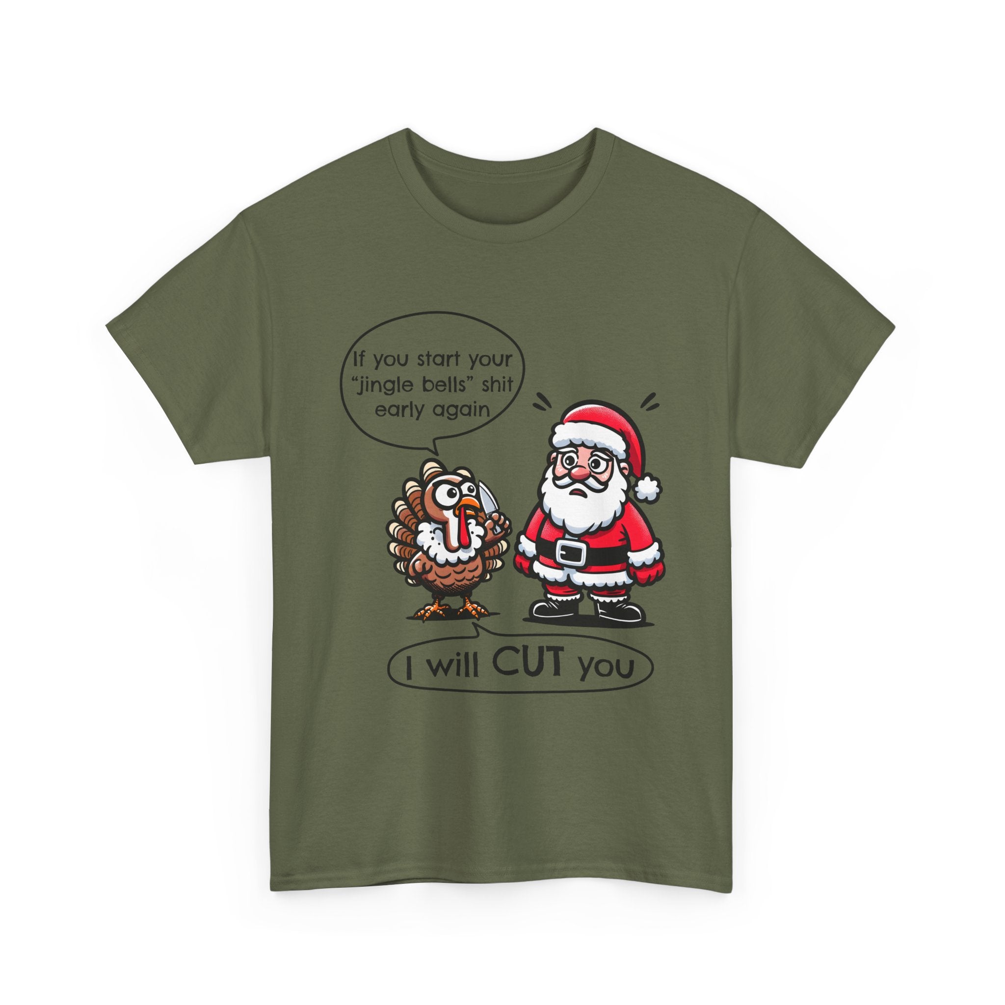 Funny Holiday Tee: 'I Will CUT You' Santa & Turkey Design, Christmas Gift, Unisex Cotton Shirt, Thanksgiving Humor, Festive Apparel