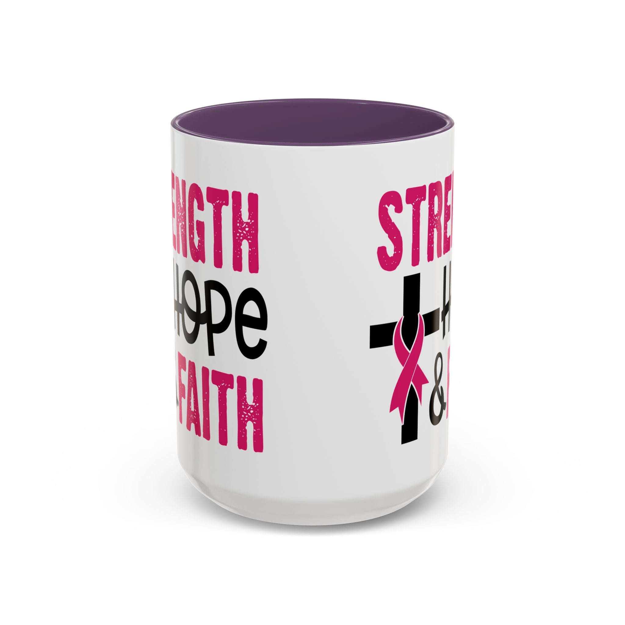 Inspirational Coffee Mug - Strength, Hope, Faith, Pink Ribbon, Christian Gifts, Motivational Drinkware, Breast Cancer Awareness