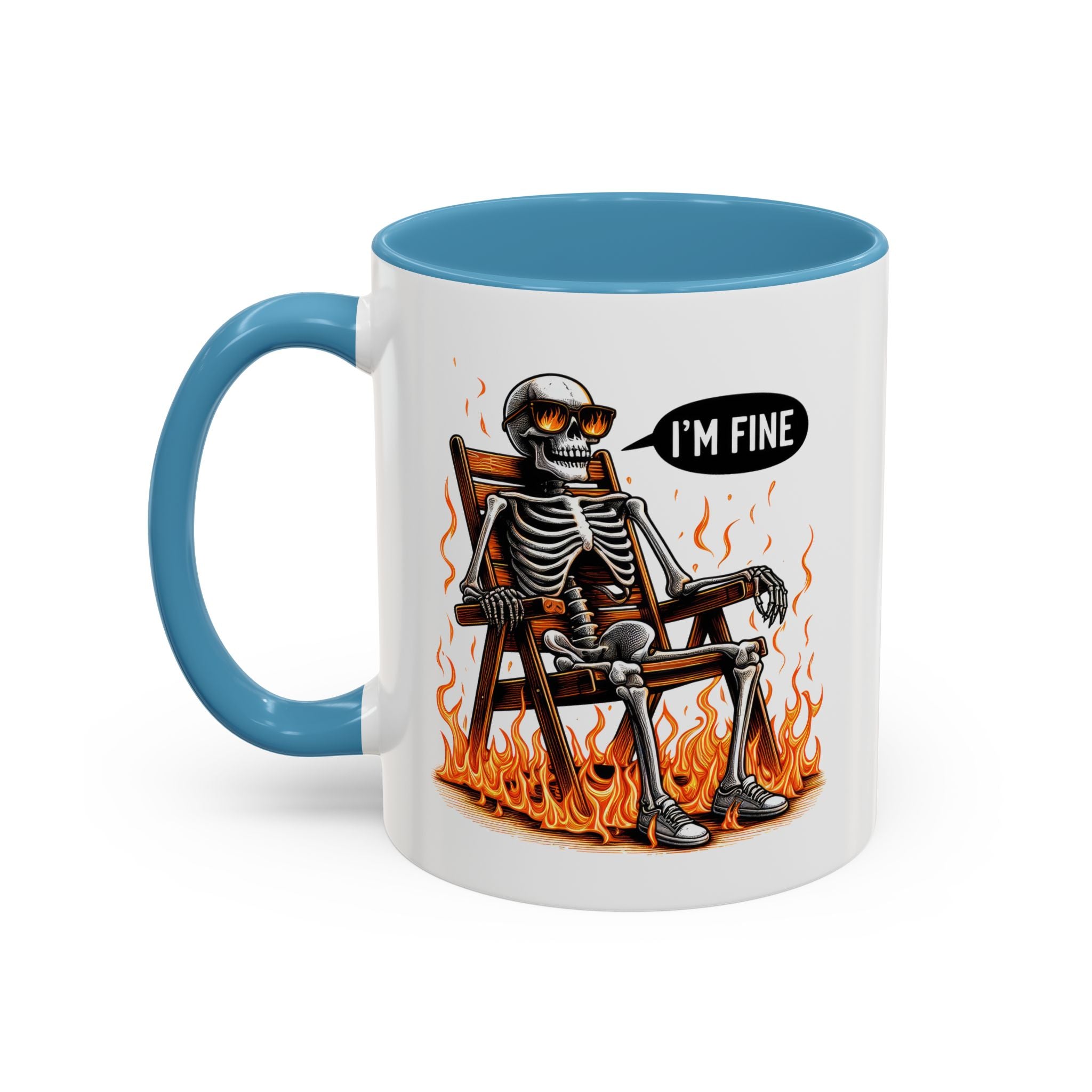 Funny I'M fine  Skeleton on fire Coffee Mug - Humor Gift for Halloween, Coffee Lovers,  Decor, Gag Gift, 11-15oz Accent Mug