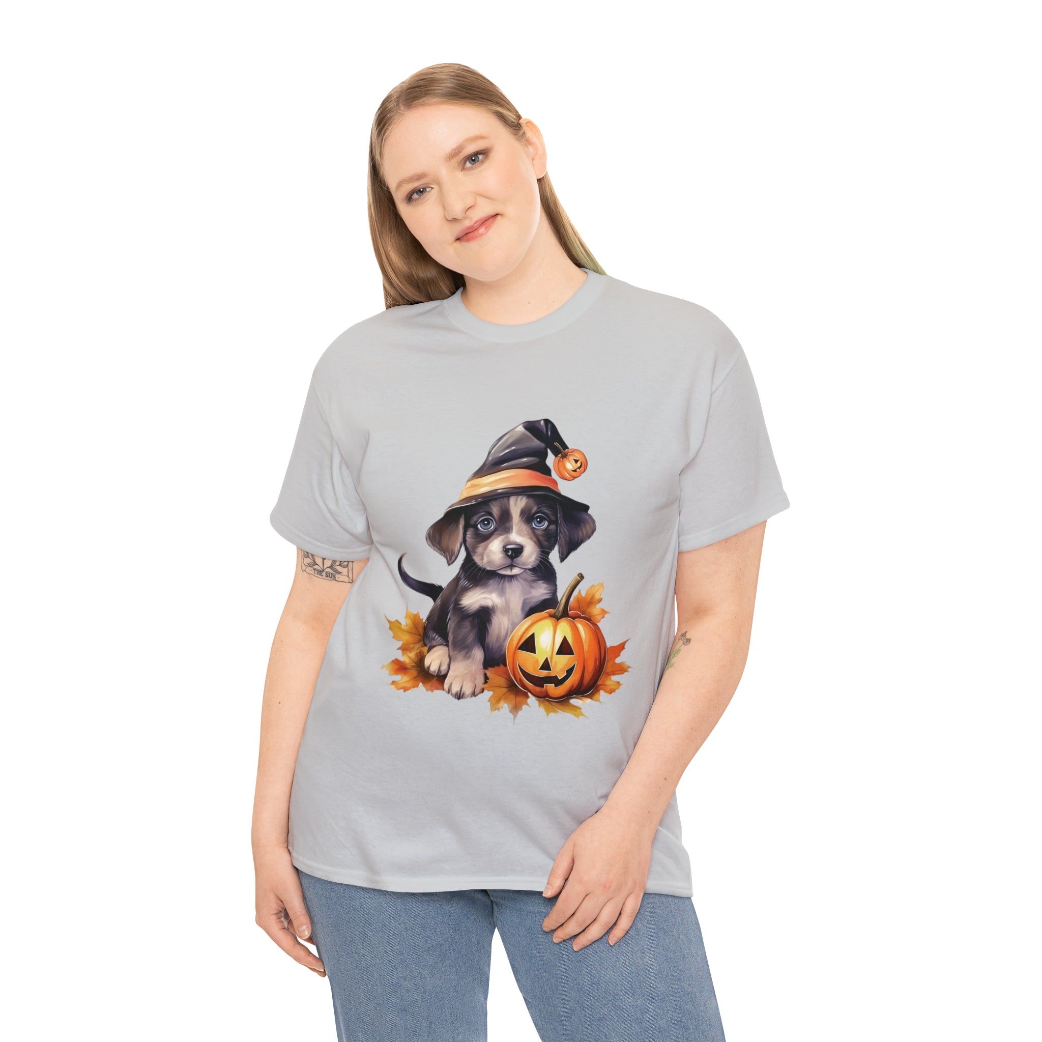 halloween t shirt puppy in witch hat cute gift for her stocking stuffer fall fun item for whole family Unisex Heavy Cotton Tee