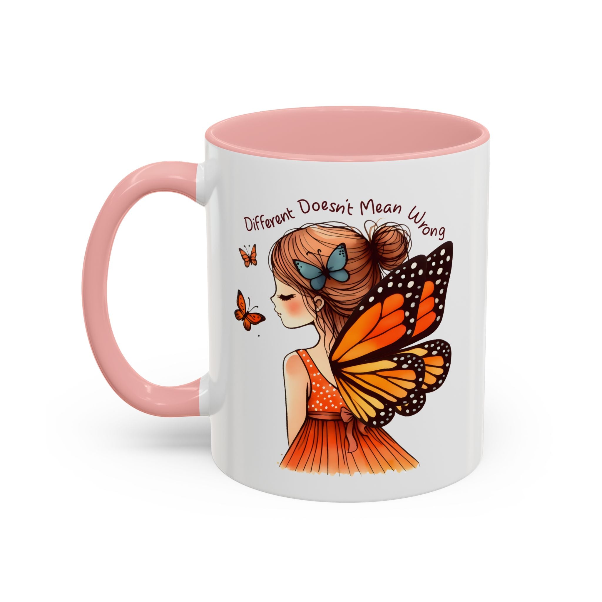 Butterfly Girl Accent Coffee Mug – "Different Doesn't Mean Wrong" Inspirational Tea Mug