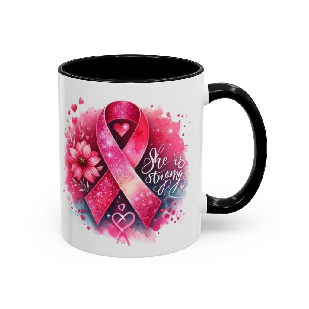 Breast Cancer Awareness Coffee Mug - Inspirational Gift, Motivational Drinkware, Supportive Cup, Pink Ribbon Design, She Is Strong
