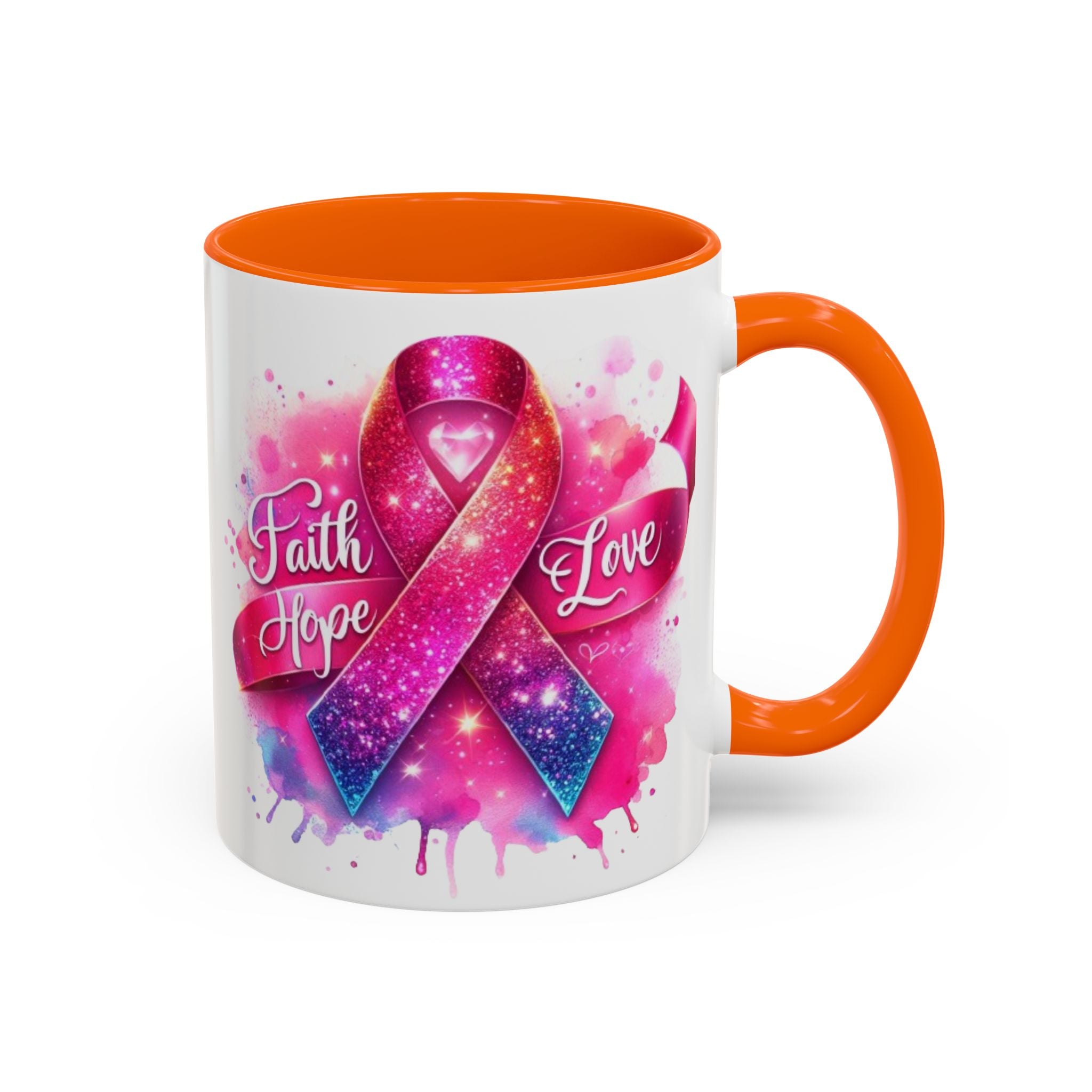 Inspirational Ribbon Coffee Mug - Faith, Hope, Love, Support, Gift for Cancer Awareness, Breast Cancer, Encouragement, Motivational