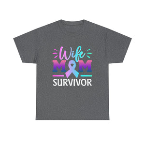 Wife Mom Survivor Tee, Unisex Heavy Cotton Tee, Cancer Awareness Shirt, Gift for Survivors, Inspirational Mom Shirt