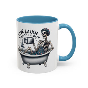 Skeleton Bath Time Coffee Mug, Live Laugh Roast & Relax Skeleton Mug, Funny Gift for Halloween, Quirky Kitchen Decor, Unique Coffee Cup