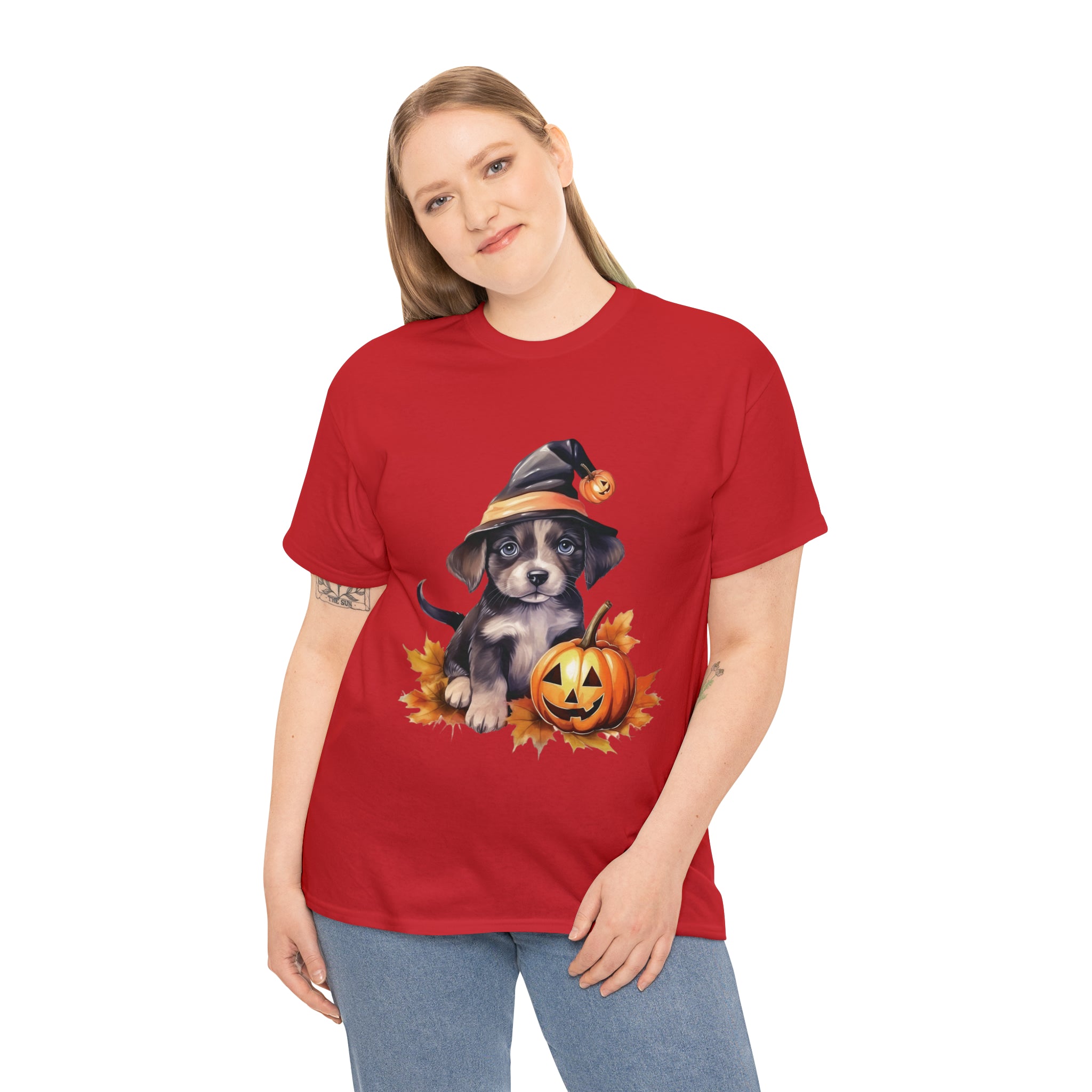 halloween t shirt puppy in witch hat cute gift for her stocking stuffer fall fun item for whole family Unisex Heavy Cotton Tee