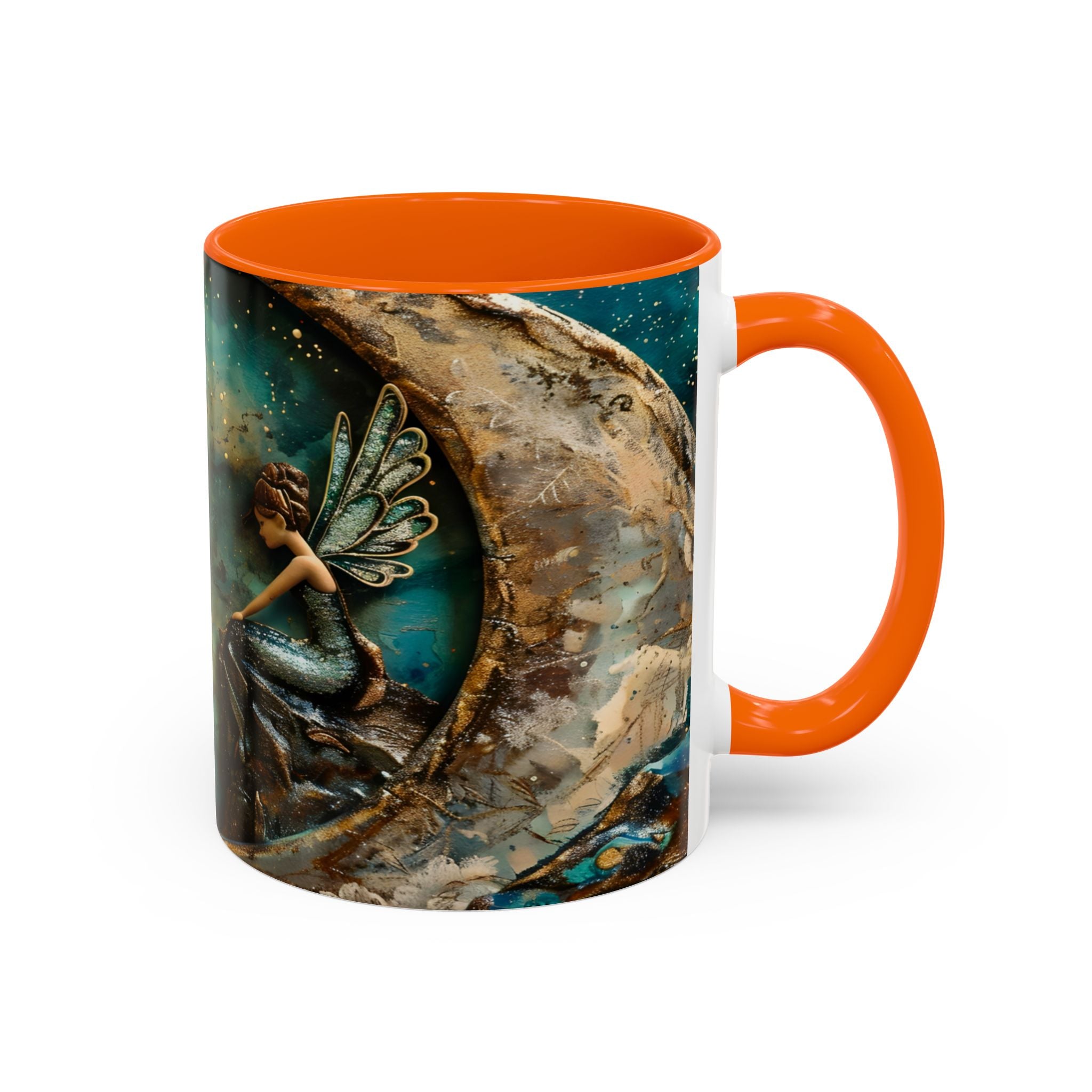 Fairy on the Moon Accent Coffee Mug – Mystical Teal Celestial Ceramic Mug (11/15oz) fantasy