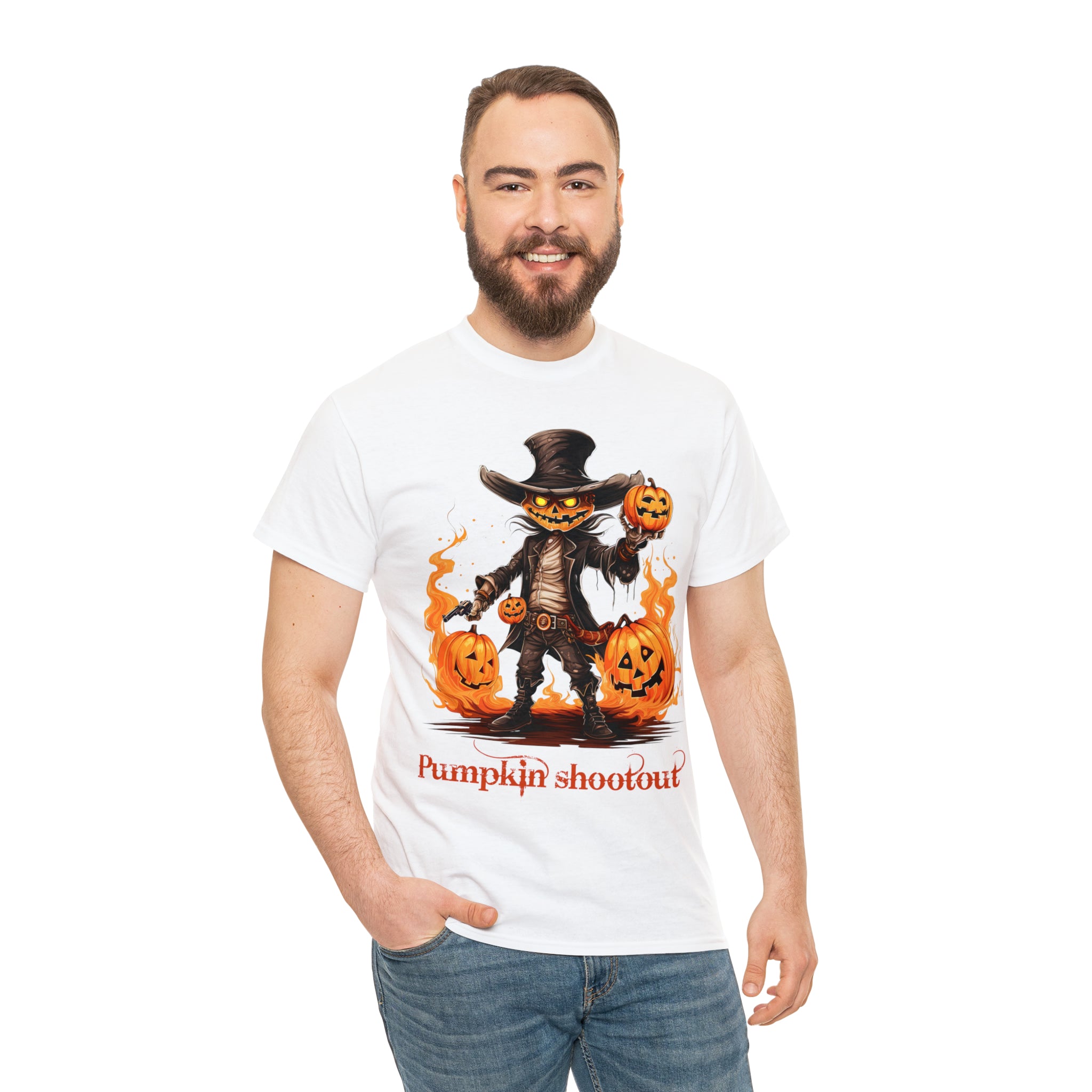 Halloween t shirt pumpkin western style shootout funny fall fun scary stocking stuffer for whole family  cotton tee