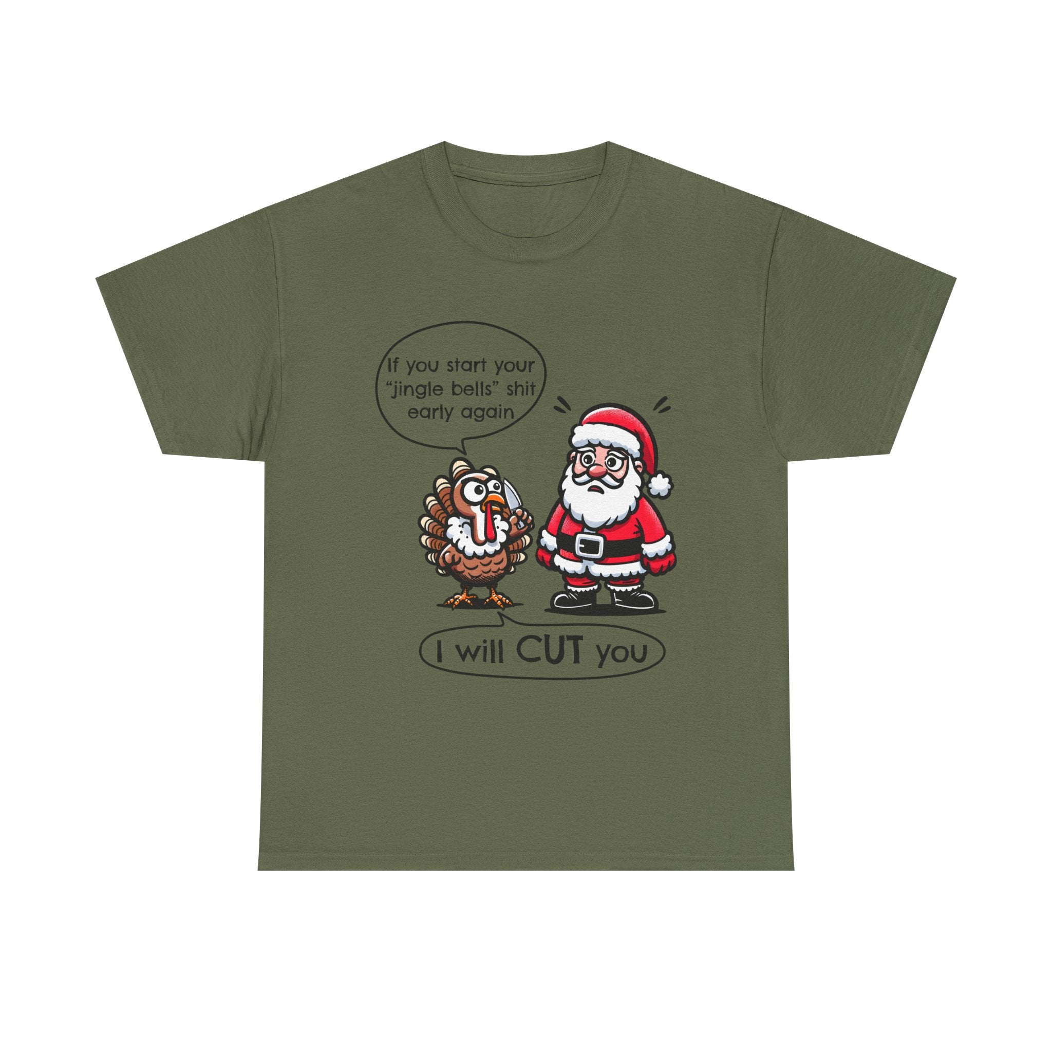 Funny Holiday Tee: 'I Will CUT You' Santa & Turkey Design, Christmas Gift, Unisex Cotton Shirt, Thanksgiving Humor, Festive Apparel