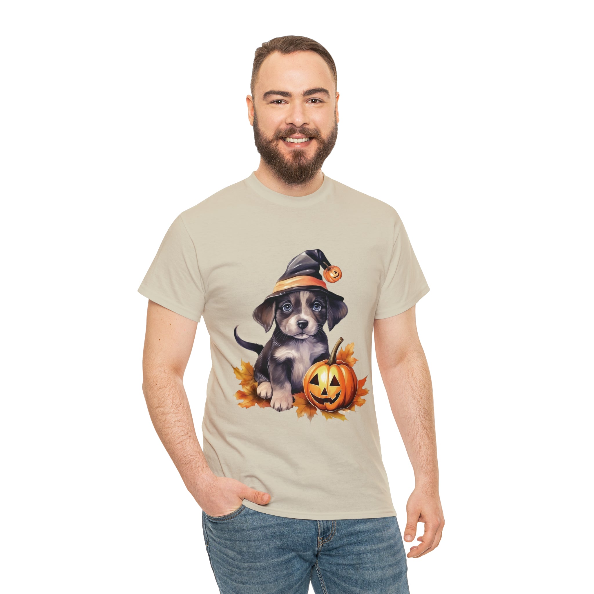 halloween t shirt puppy in witch hat cute gift for her stocking stuffer fall fun item for whole family Unisex Heavy Cotton Tee
