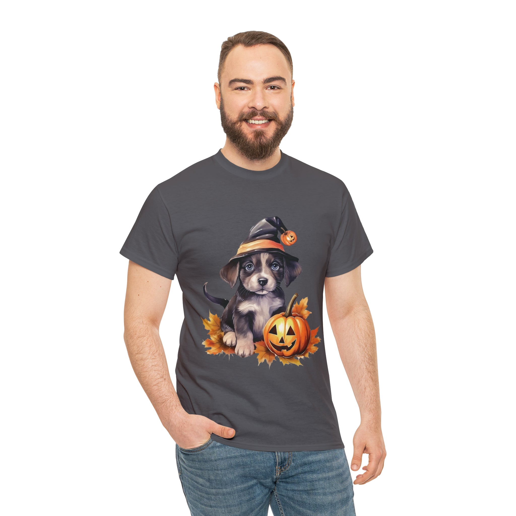 halloween t shirt puppy in witch hat cute gift for her stocking stuffer fall fun item for whole family Unisex Heavy Cotton Tee