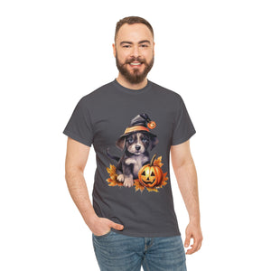 halloween t shirt puppy in witch hat cute gift for her stocking stuffer fall fun item for whole family Unisex Heavy Cotton Tee