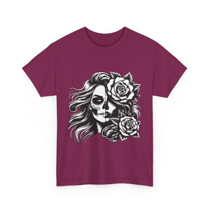 Skull & Rose Unisex Heavy Cotton Tee - Edgy Floral Graphic T-Shirt