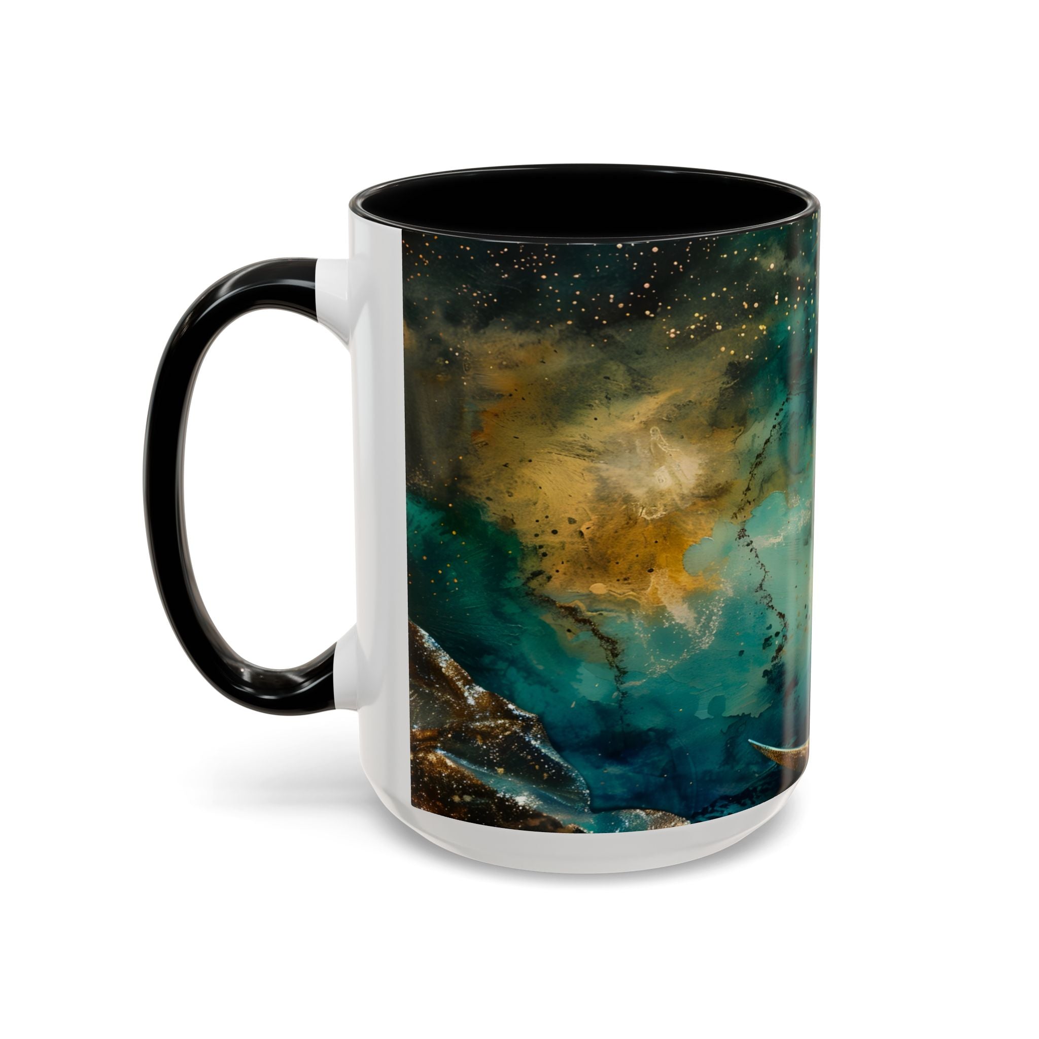 Fairy on the Moon Accent Coffee Mug – Mystical Teal Celestial Ceramic Mug (11/15oz) fantasy