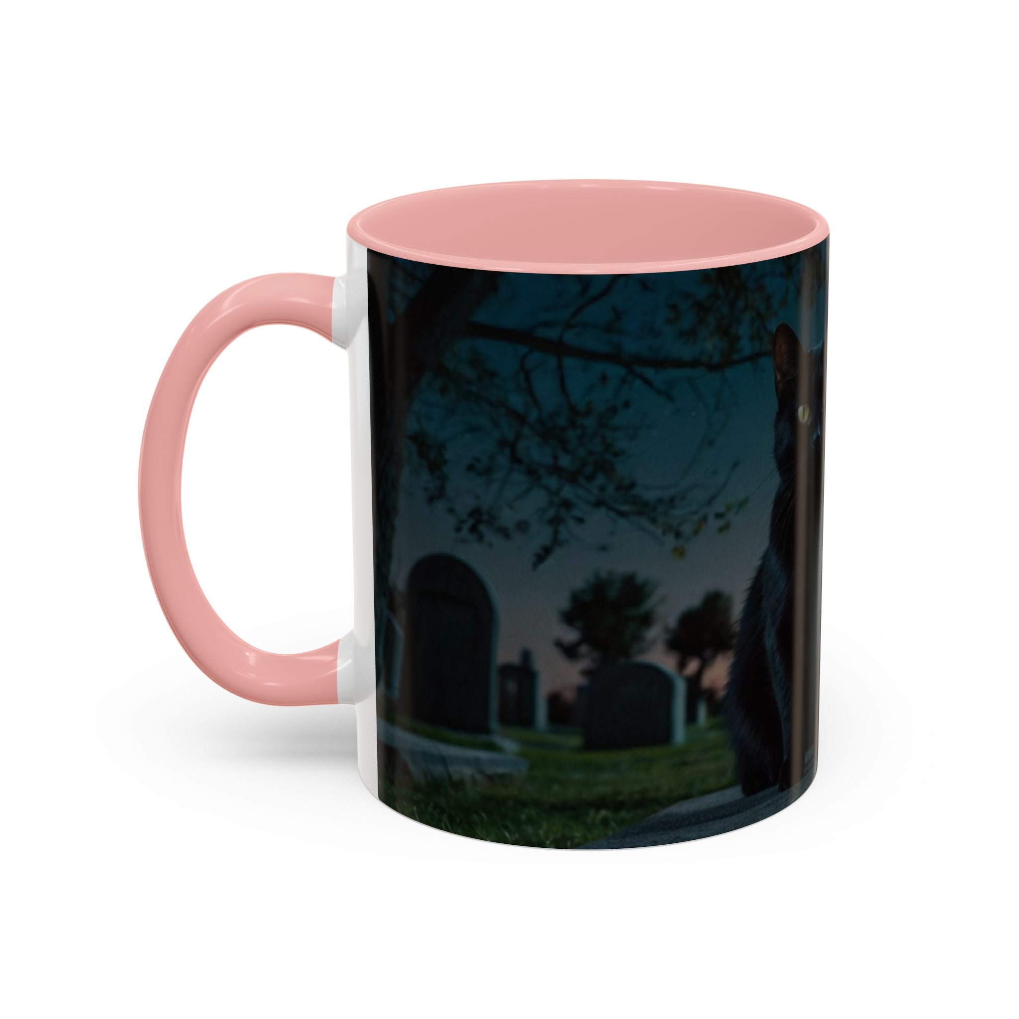 Spooky Black Cat Accent Coffee Mug in graveyard at night with full moon halloween
