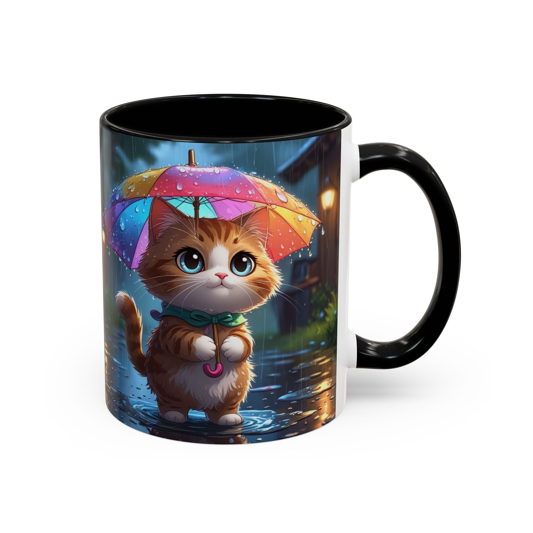Cute Rainy Day Cat Mug — Kawaii Kitten with Rainbow Umbrella Coffee Cup (11/15oz)