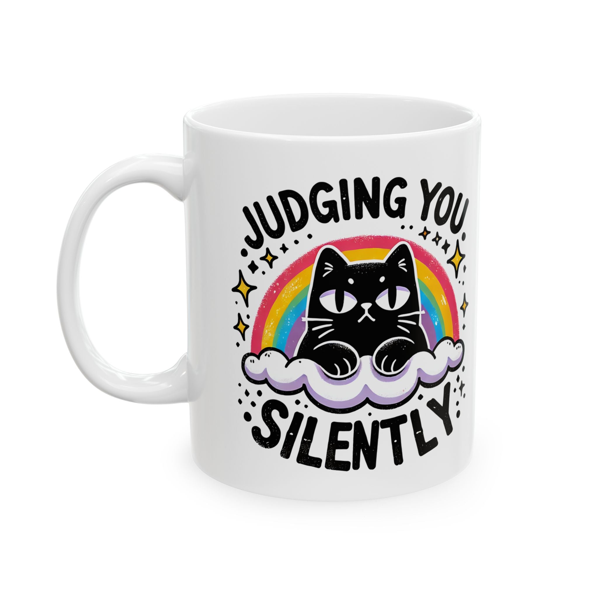 attitude Cat  Coffee Mug - Judging You Silently, Funny Gift for Cat Lovers, Cute Home Decor, Rainbow Cat Mug, Unique Pet Owner