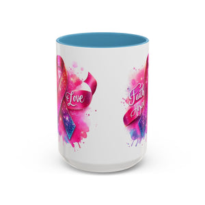 Inspirational Ribbon Coffee Mug - Faith, Hope, Love, Support, Gift for Cancer Awareness, Breast Cancer, Encouragement, Motivational