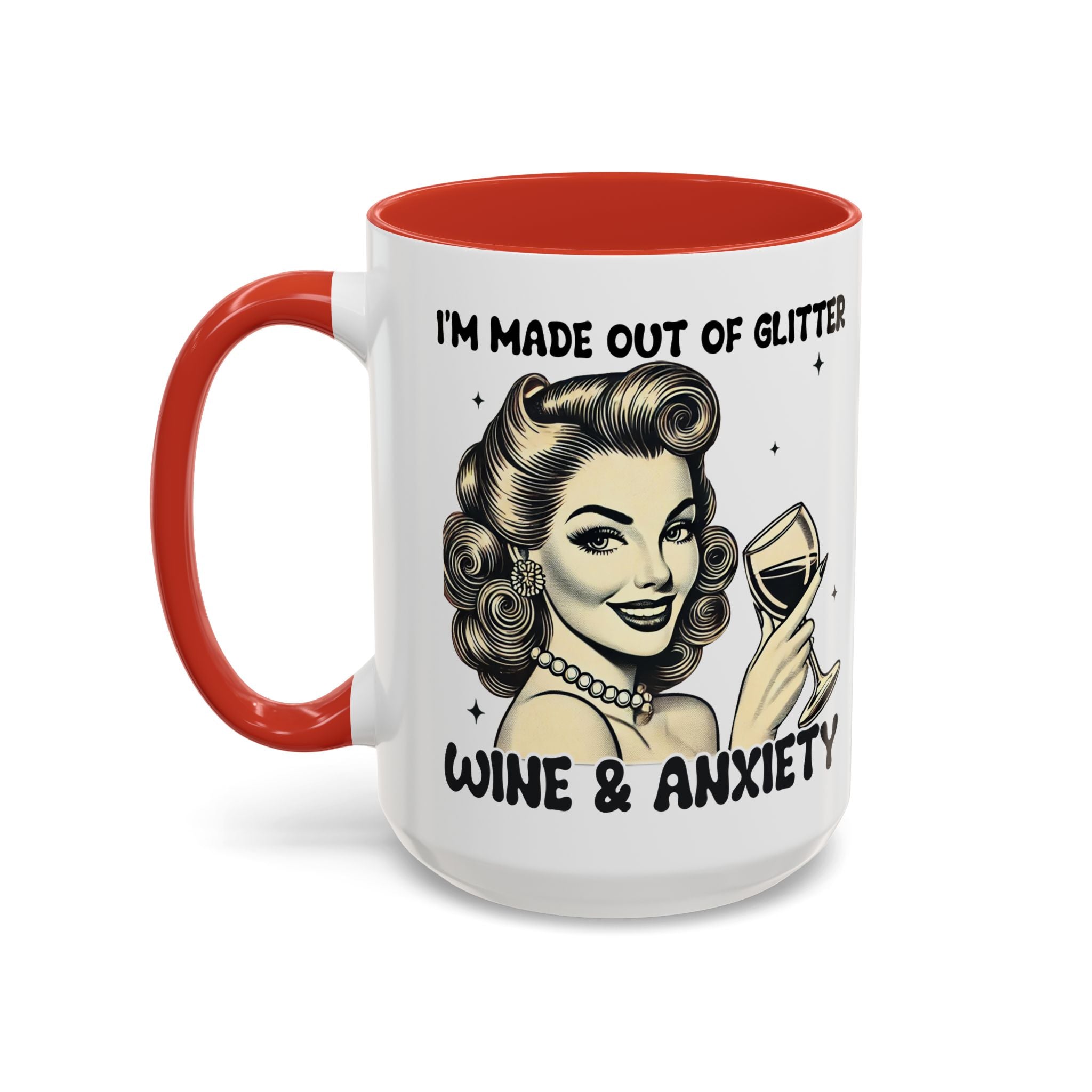 Wine & Anxiety Coffee Mug — "I'm Made Out of Glitter, Wine & Anxiety" Retro Accent Mug