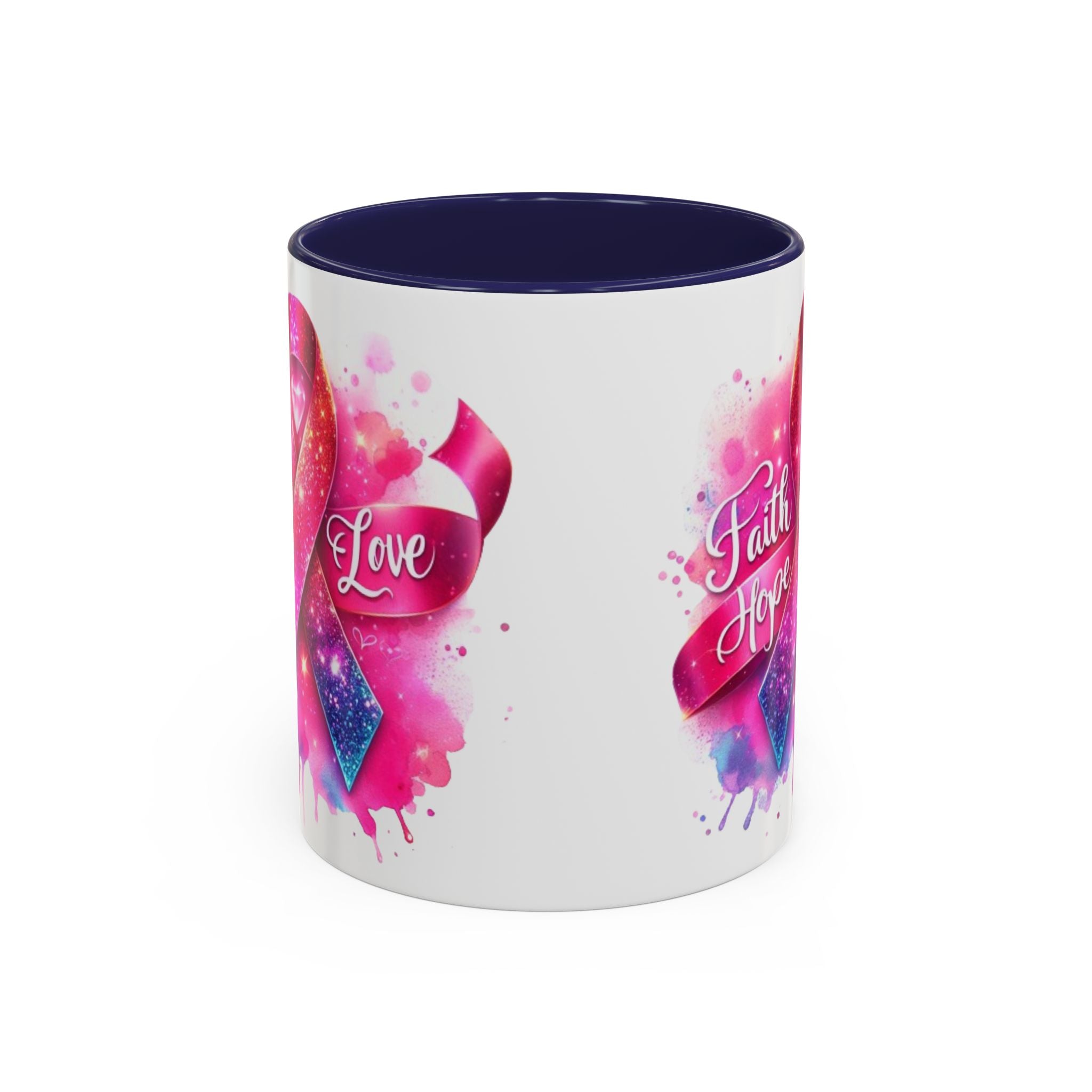 Inspirational Ribbon Coffee Mug - Faith, Hope, Love, Support, Gift for Cancer Awareness, Breast Cancer, Encouragement, Motivational