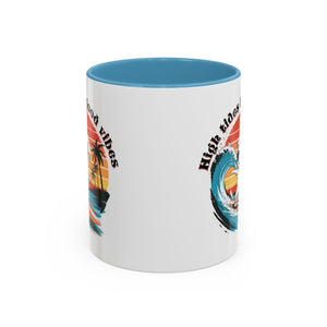 Surfing Cat Coffee Mug - High Tides & Good Vibes - Beach Lover Gift animal lover funny