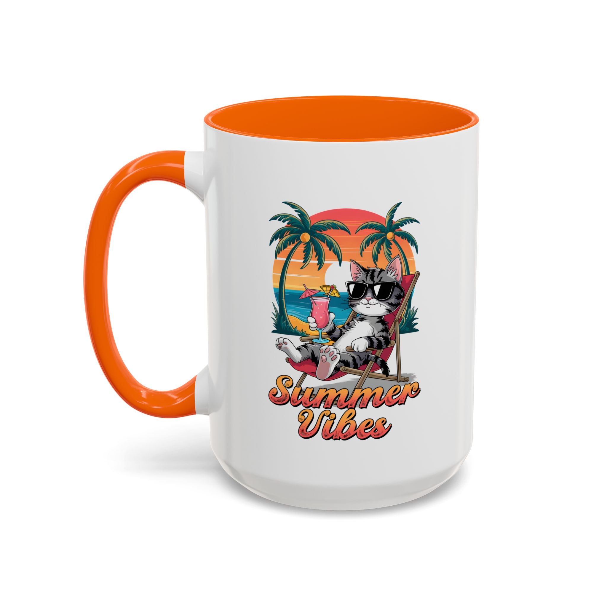 Summer Vibes Coffee Mug, Tropical Cat Mug, Beach Lover Gift, Fun Animal Sipware, Vacation-themed Drinkware, Pet Lover Cup