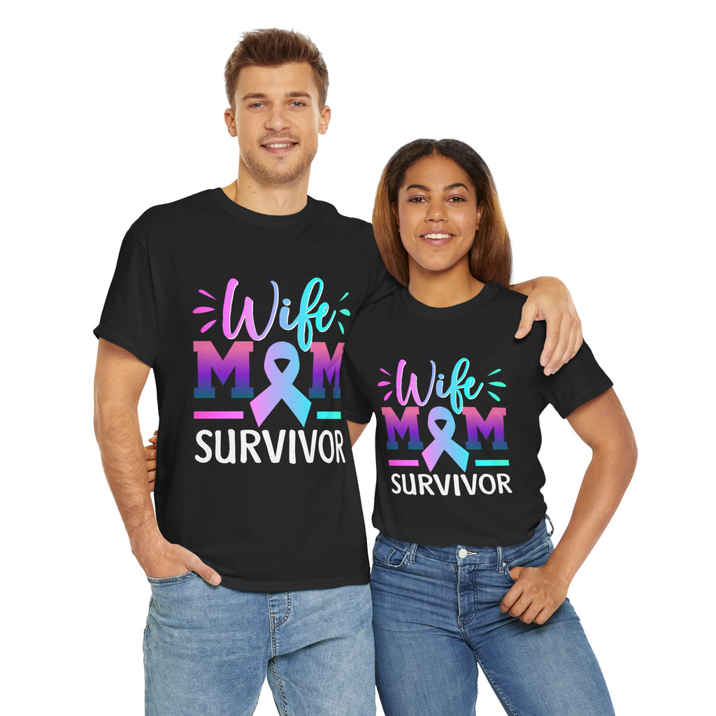 Wife Mom Survivor Tee, Unisex Heavy Cotton Tee, Cancer Awareness Shirt, Gift for Survivors, Inspirational Mom Shirt