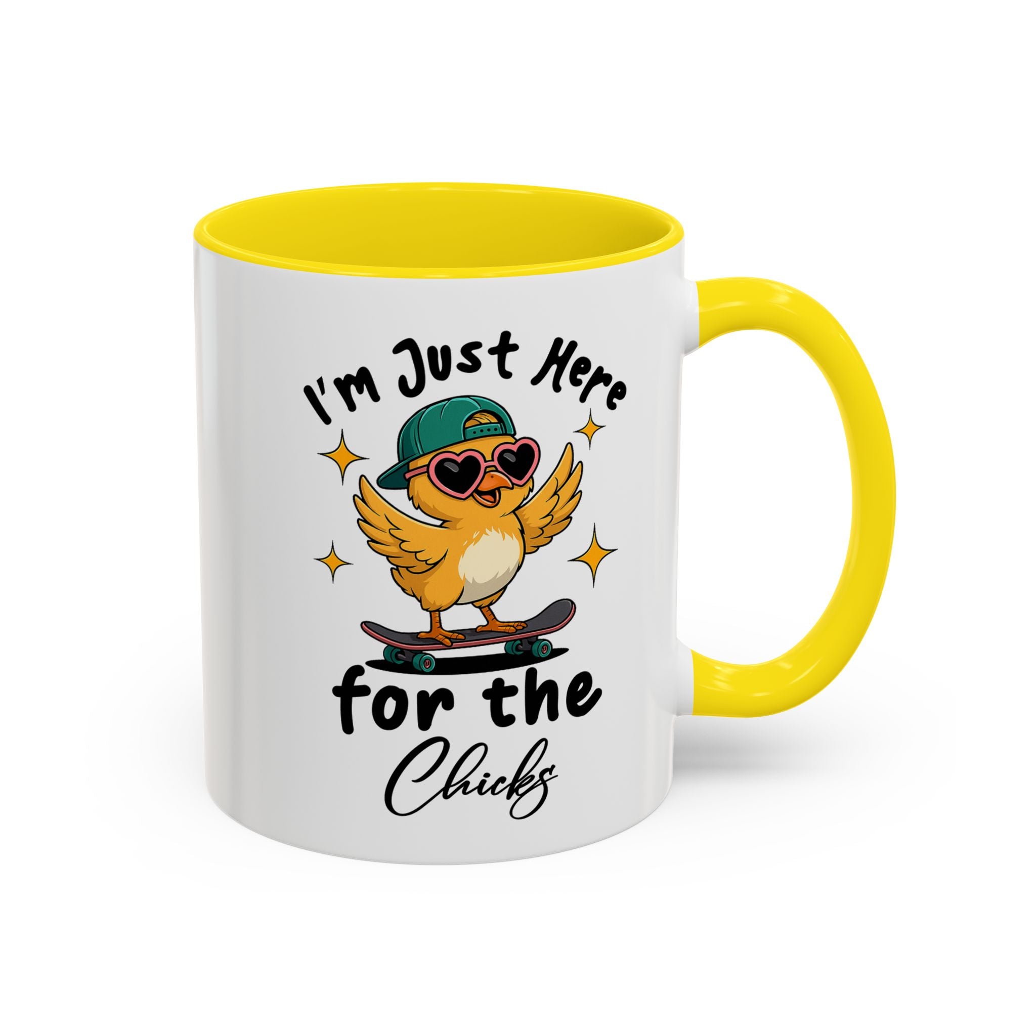 I'm Just Here for the Chicks Coffee Mug — Cute Skateboarding Chick Accent Mug