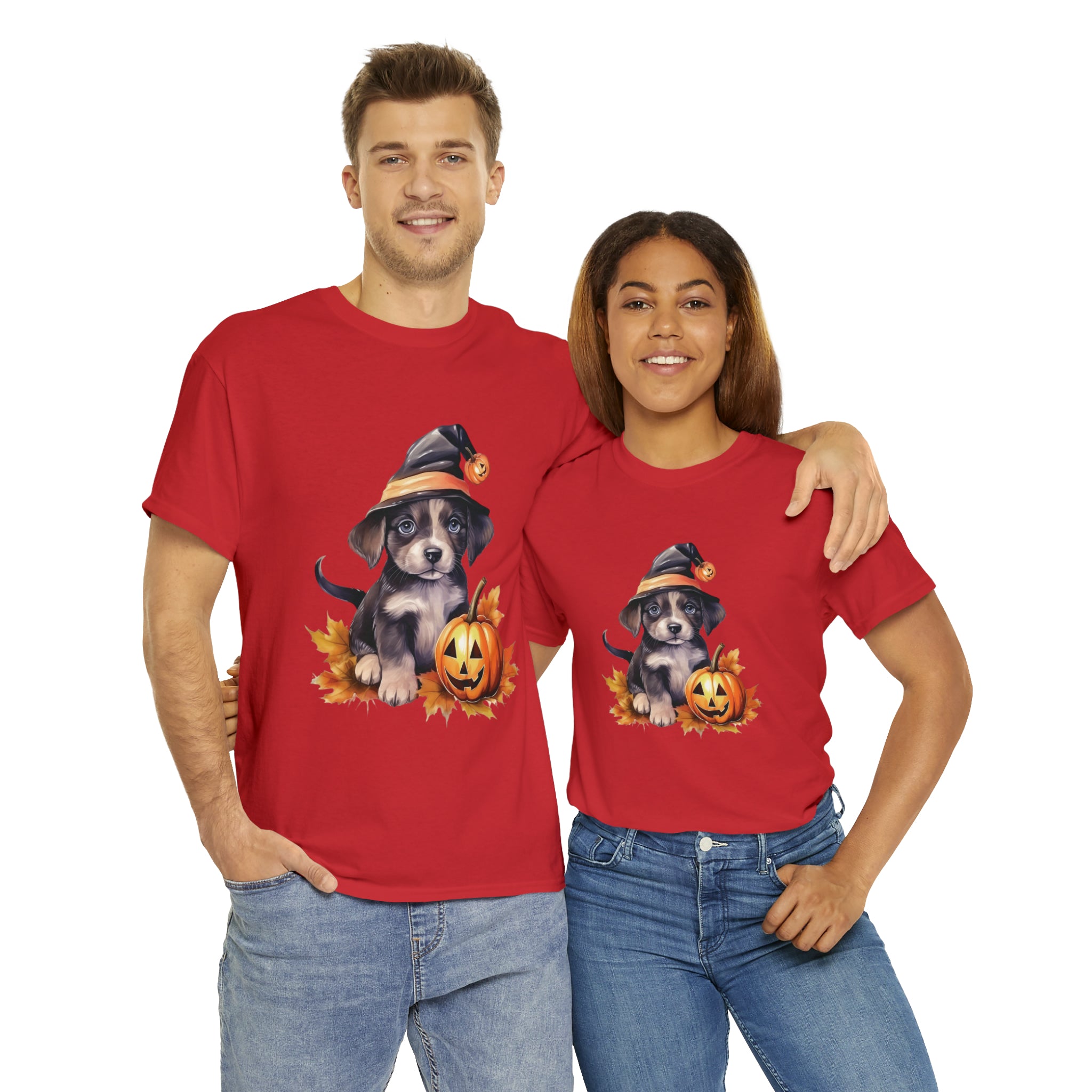 halloween t shirt puppy in witch hat cute gift for her stocking stuffer fall fun item for whole family Unisex Heavy Cotton Tee