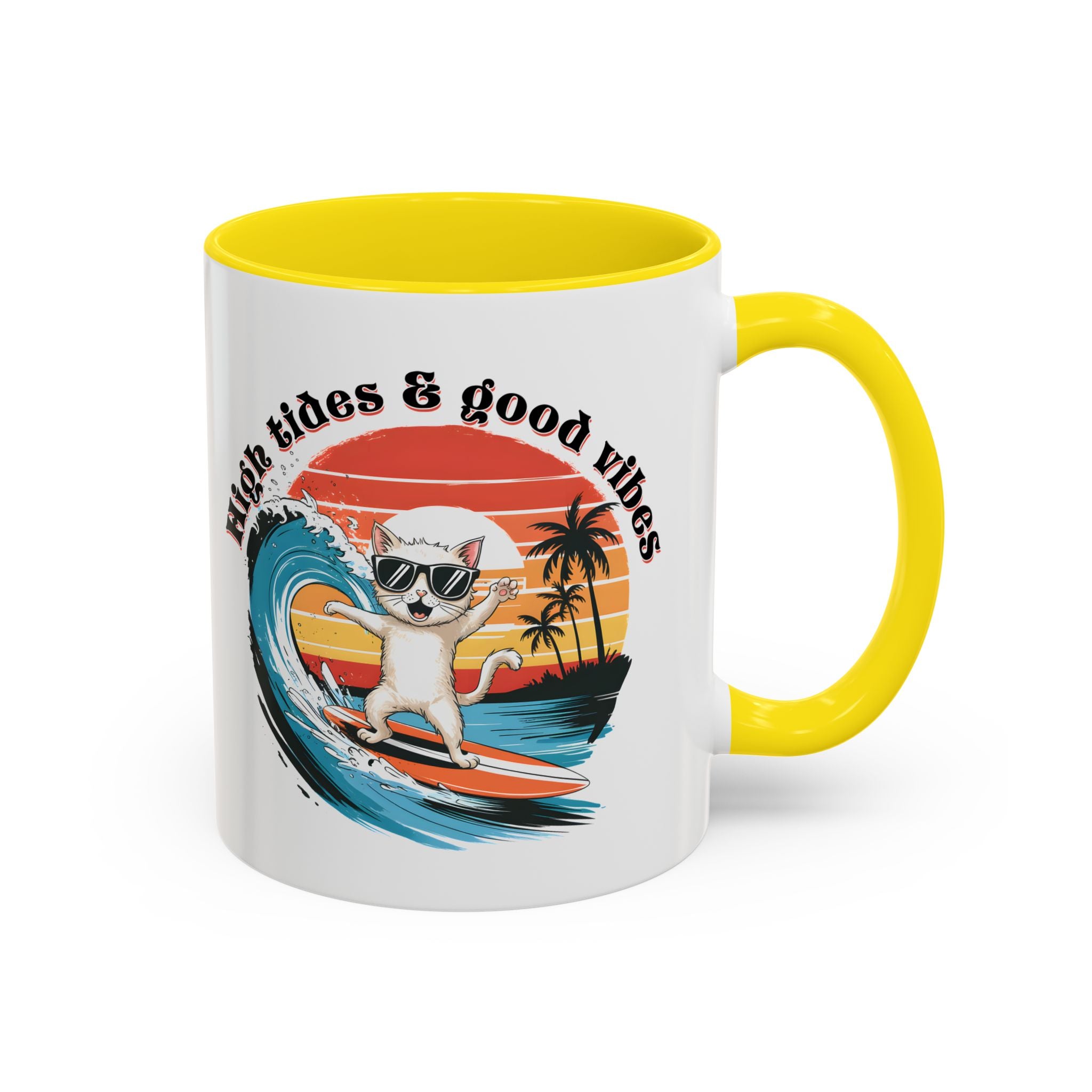 Surfing Cat Coffee Mug - High Tides & Good Vibes - Beach Lover Gift animal lover funny