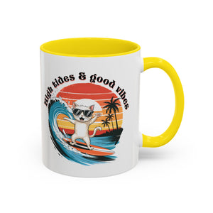Surfing Cat Coffee Mug - High Tides & Good Vibes - Beach Lover Gift animal lover funny