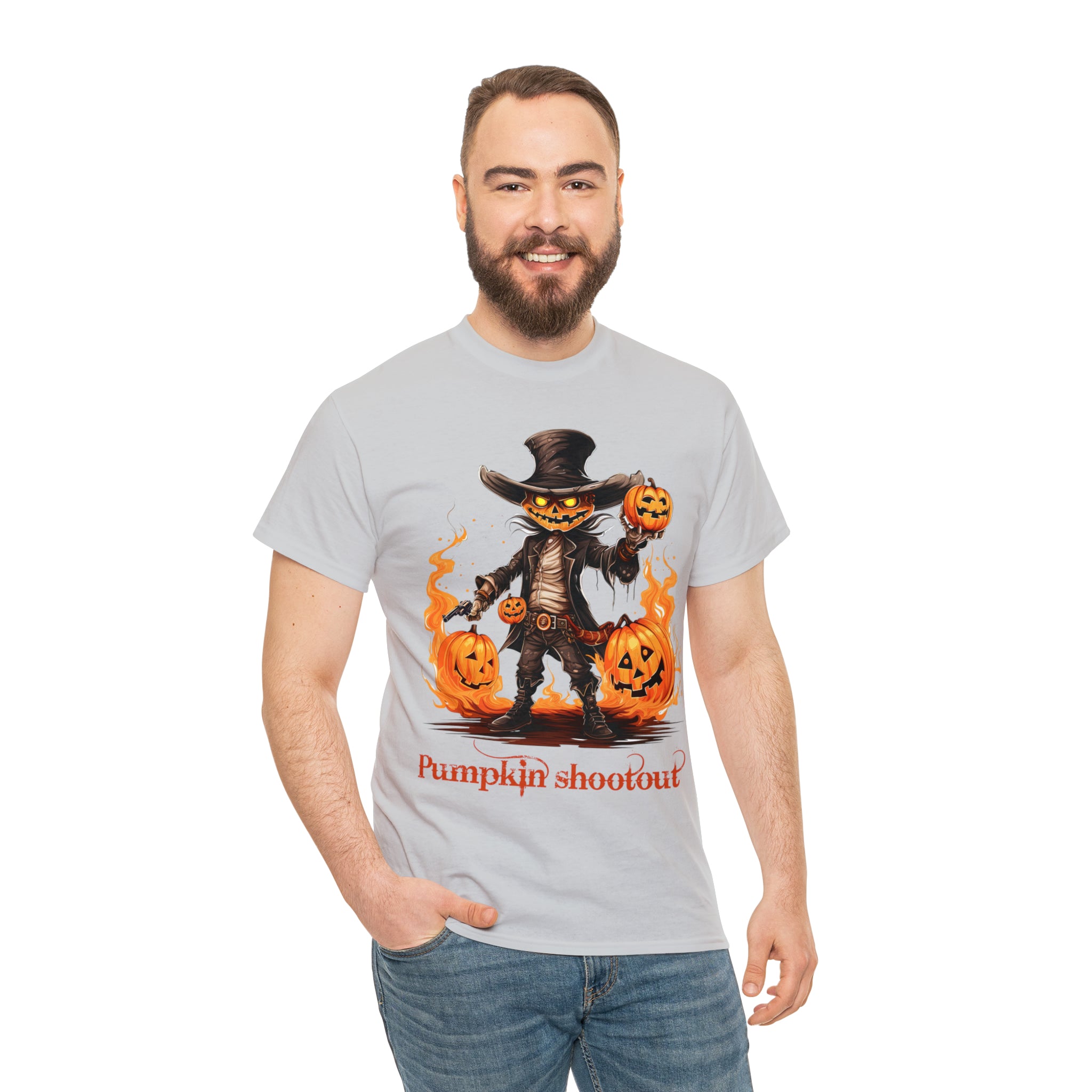 Halloween t shirt pumpkin western style shootout funny fall fun scary stocking stuffer for whole family  cotton tee